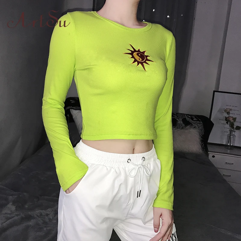 

ArtSu Basic Tshirt Long Sleeve Crop Top Embroidery Harajuku Tshirts Blue Women Neon Green Tee Shirt Woman Autumn ASTS21158