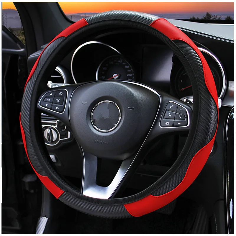 

Sport Style Contrast Color Non-slip Sweat Good Breathable PU Leatherette 15 Inch Car Steering Wheel Cover Carbon Fiber Wholesale