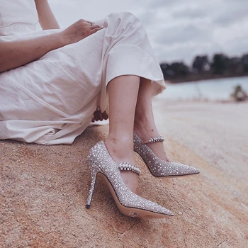 

Mary Janes Shoes Women Pumps Wedding Shoes Pearl Crystals High Heels Embellished Bridal Shoes Stilettos Silver White Heels Pumps