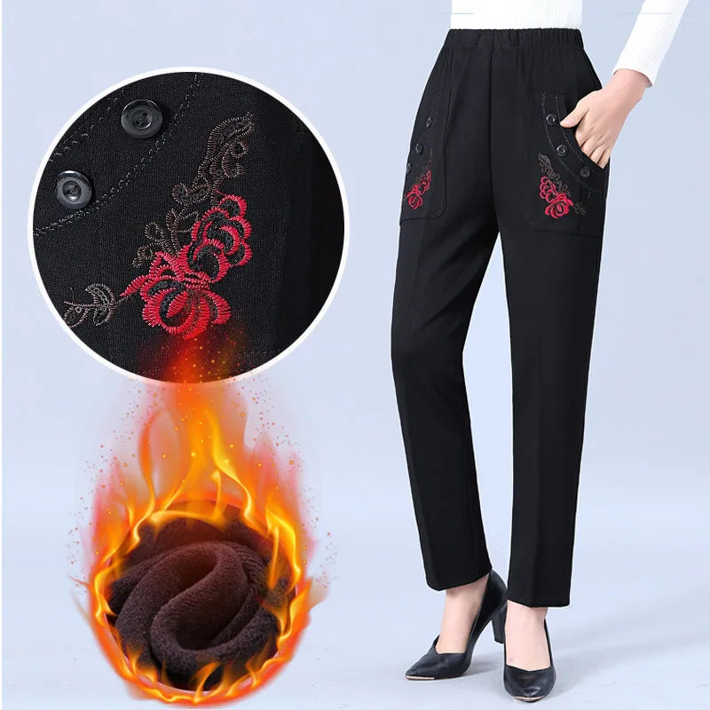 

Oversized Middle-aged Women Trousers Autumn Winter Plus velvet Thick Stretch Straight Pants Loose Female Casual Pants 8XL J283