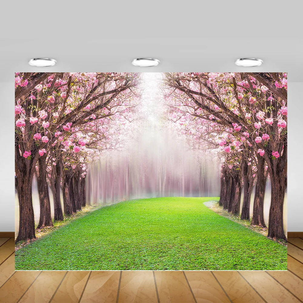 

Natural Scenery Photography Backdrop Photo Studio Photocall Spring Green Grassland Floral Trees Background Pink Flowers Newborn