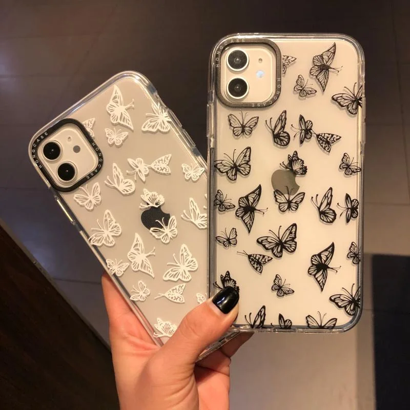 Belleza blanco negro caja del teléfono de la mariposa para iphone 11 Pro XR XS Max X claro y suave de TPU para el iphone 7 8 plus parejas
