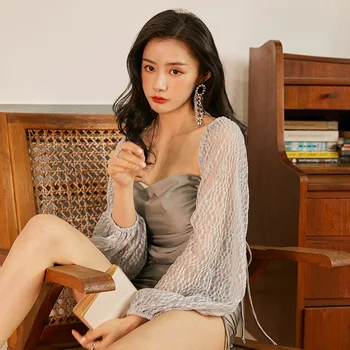 

2020 New Style Women's Split Type Gray with Drawstring Slimming Belly Covering Spa Resort Two-piece Swimsuits Women's