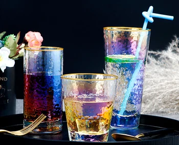 

Set of 2-280ml/450ml creative fashion multicolor gold edge water glass home office morning juice drink glass cups GLA-92