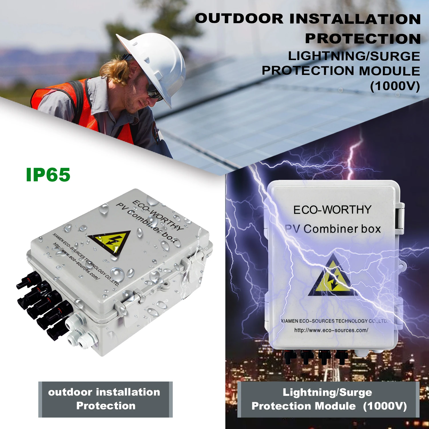 

4 String PV Solar Combiner Box 10A Breakers Surge Protection Lightning