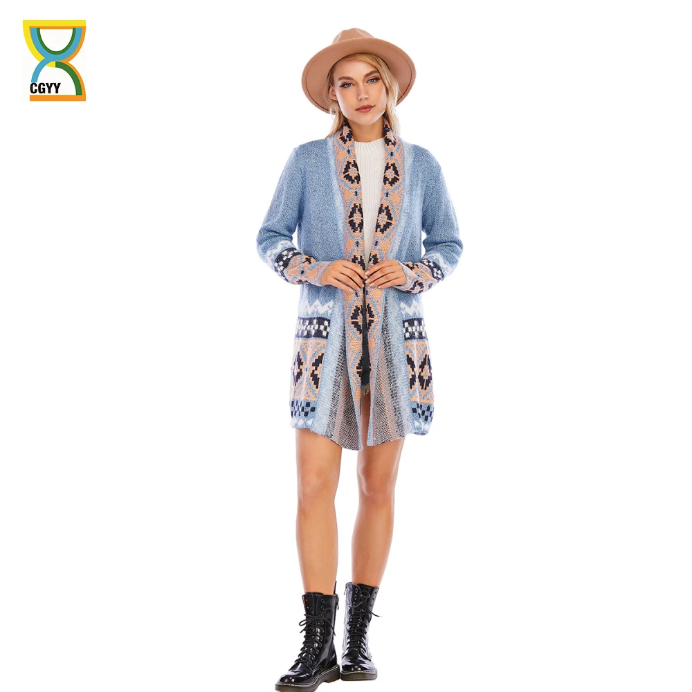 

CGYY Women's Colorful Boho Sweater Blue Color Knitted Open Front Autumn Winter Cardigan With Fringe Tassel And Pockets