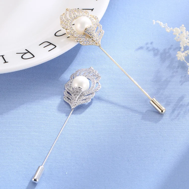 

A- line Needle Zircon Micro Pave Peacock Feather Corsage Men And Women South Korea-Style Pin Brooch pi jian kou Suit Accessories
