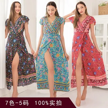 

Oufisun Sexy Deep V Neck Women Summer Dress 2020 Casual Boho Flower Print Maxi Dresses Elegant Tunic Split Tunic Dress Vestdidos