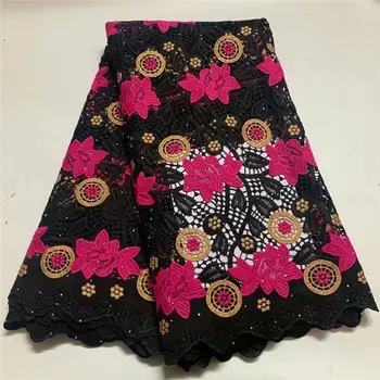 

New Black + Rose Red French Mesh Embroidery African French Mesh Lace Fabric Wedding Dress N2568