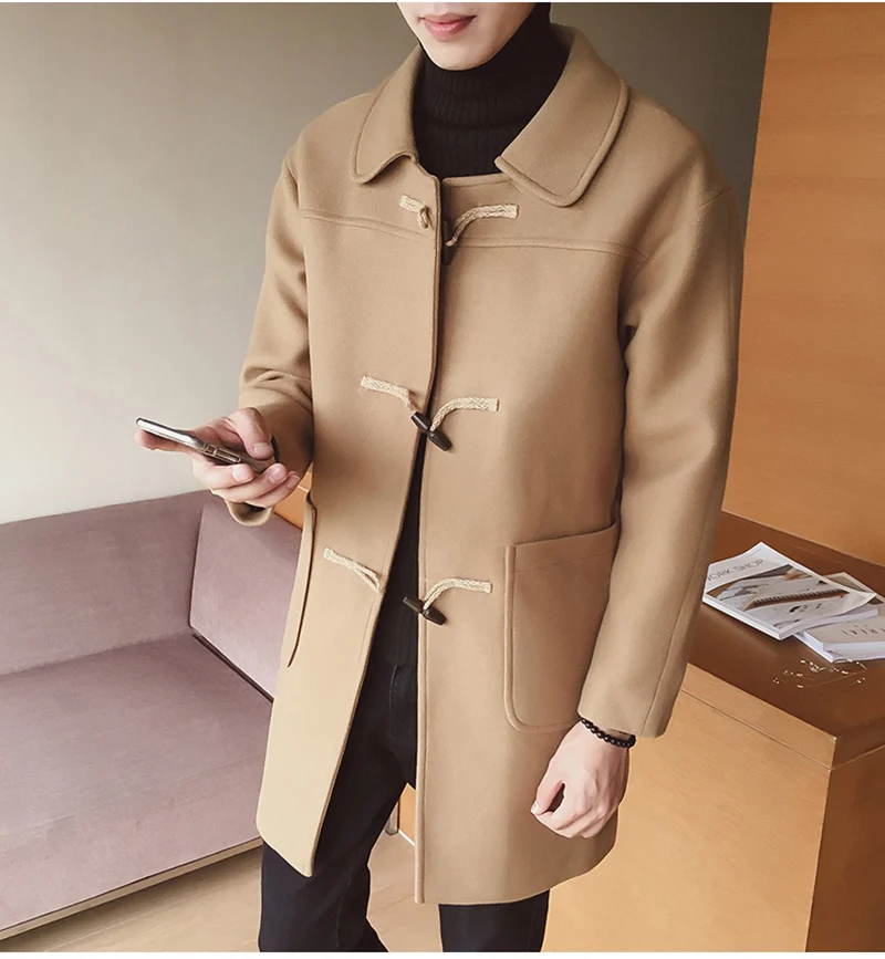 Тонкий мужской пальто с воротником черный корейский вещевой мужской шерстяной смесь пальто кнопки мужские длинные пальто
