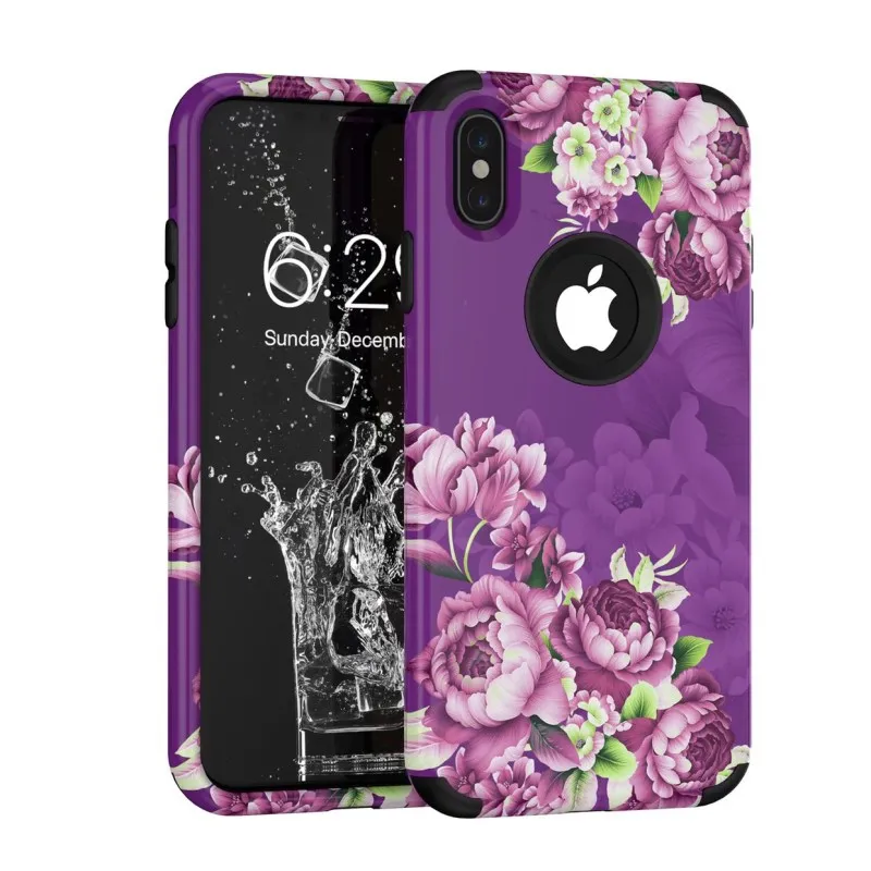 Роскошный чехол 3 в 1 для iPhone 11 pro Max 7 8 6 6s Plus X Xs max XR, Жесткий Чехол для телефона с цветочным рисунком, силиконовый бампер, противоударный чехол - Цвет: Фиолетовый