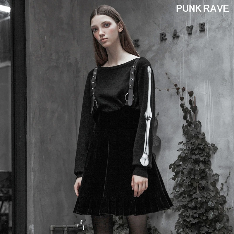Fashion Personality Metal frilling Sling Skirt Gothic slim Women Velvet Skinny Waist A Pendulum Strap PUNK RAVE OPQ-434BQF | Женская