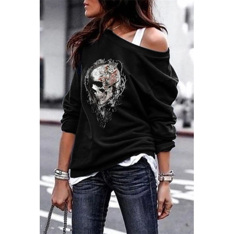 2021 New S-5XL Women Spring Fashion Style One Shouder Casual Long Sleeve T-Shirt Tops Sexy Skull  Plus Size Full T-shirt Tops sport t shirt