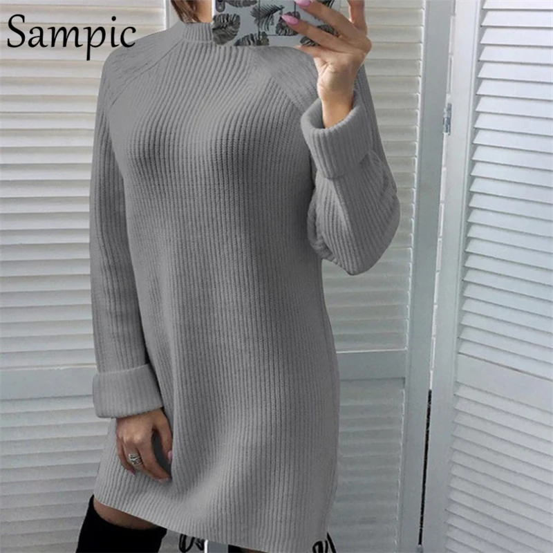 Sampic однотонное черное серое коричневое вязаное платье-свитер с длинными рукавами туника с высоким воротом Свободные повседневные платья зимние размера плюс