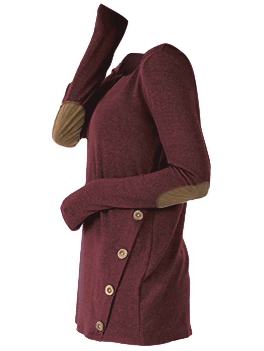 ROSEGAL размера плюс кнопки с локтевыми заплатами Меланжевая футболка футболки с длинными рукавами; одежда с длинным рукавом круглый вырез горловины женские топы на весну-осень