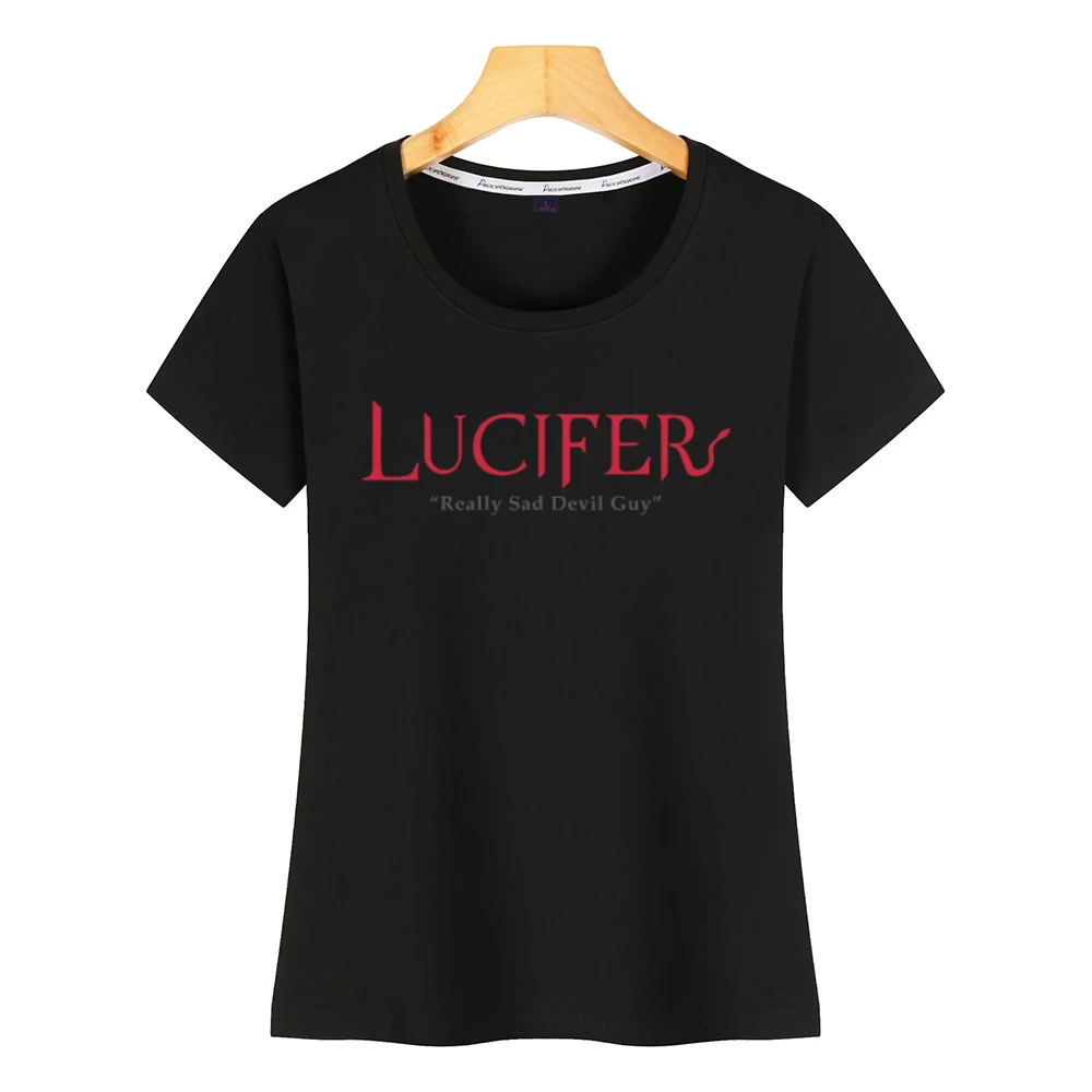 Топы, футболка для женщин, Lucifer, действительно, Sad Devil Guy, для женщин, s, завязанные, кавайные надписи, Хлопковая женская футболка