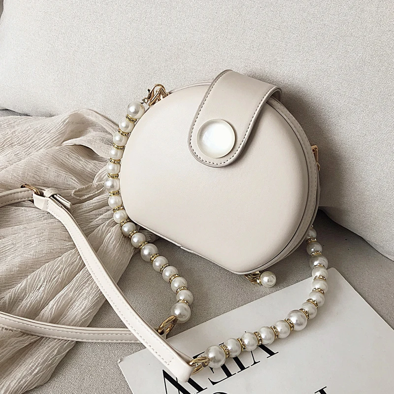 

Elegant Female Round Bag 2019 Summer New Quality PU Leather Women's Designer Handbag Pearl Chain Shoulder Messenger Bag Purses