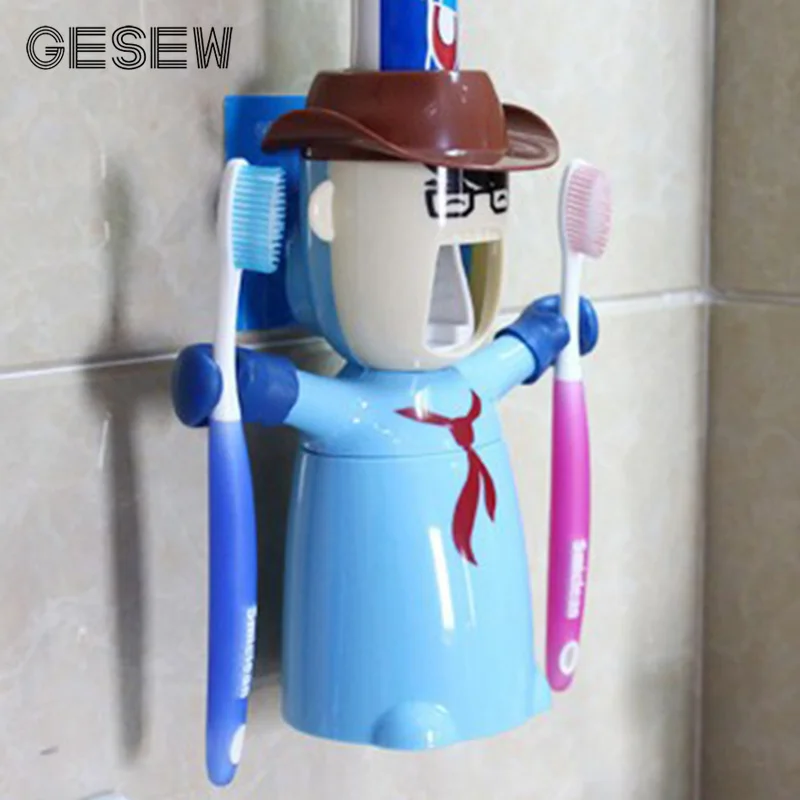 

GESEW Plastic Automatic Toothpaste Dispenser Set Cartoon Traceless Kids Toothbrush Holder Bathroom Accessory Set Lazy Dispenser