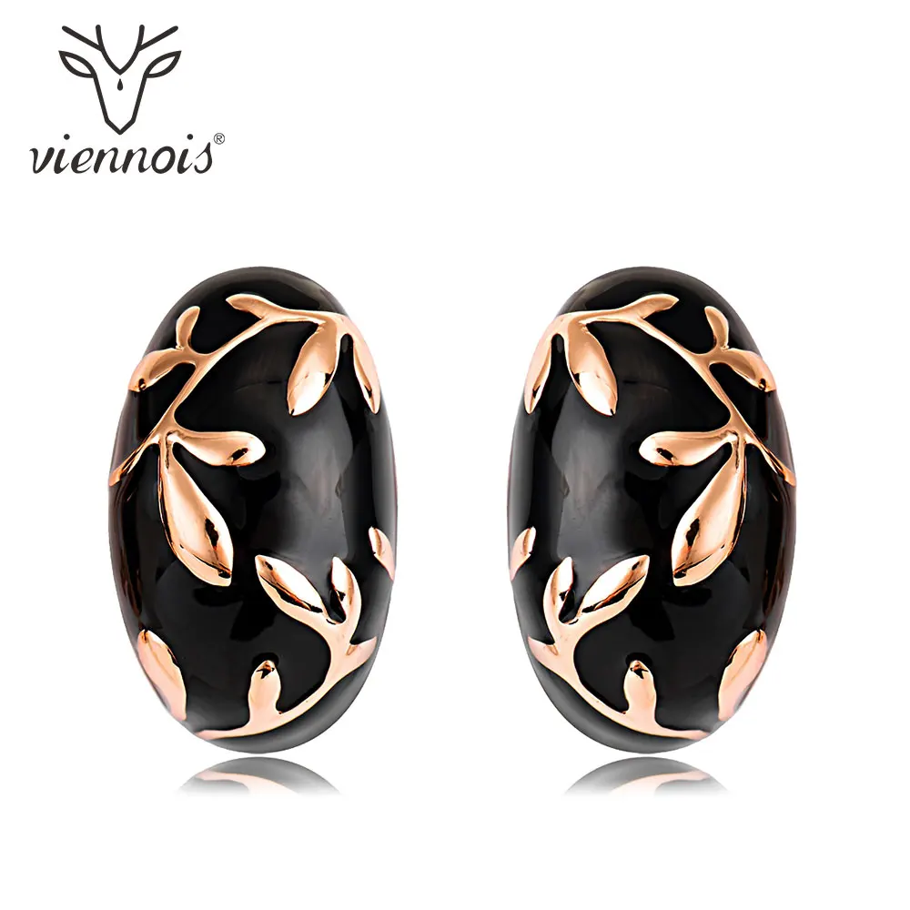 Viennois овальные черные эмалевые серьги-гвоздики лист цвета розовое золото для женщин женские брендовые модные серьги ювелирные изделия - Окраска металла: Rose gold