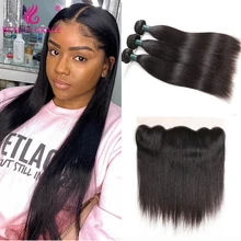 

Bone Straight 3 Bundles With Frontal Closure Human Hair Weave Bundles With Lace Frontal Brazilian Hair Frontal With Bundles