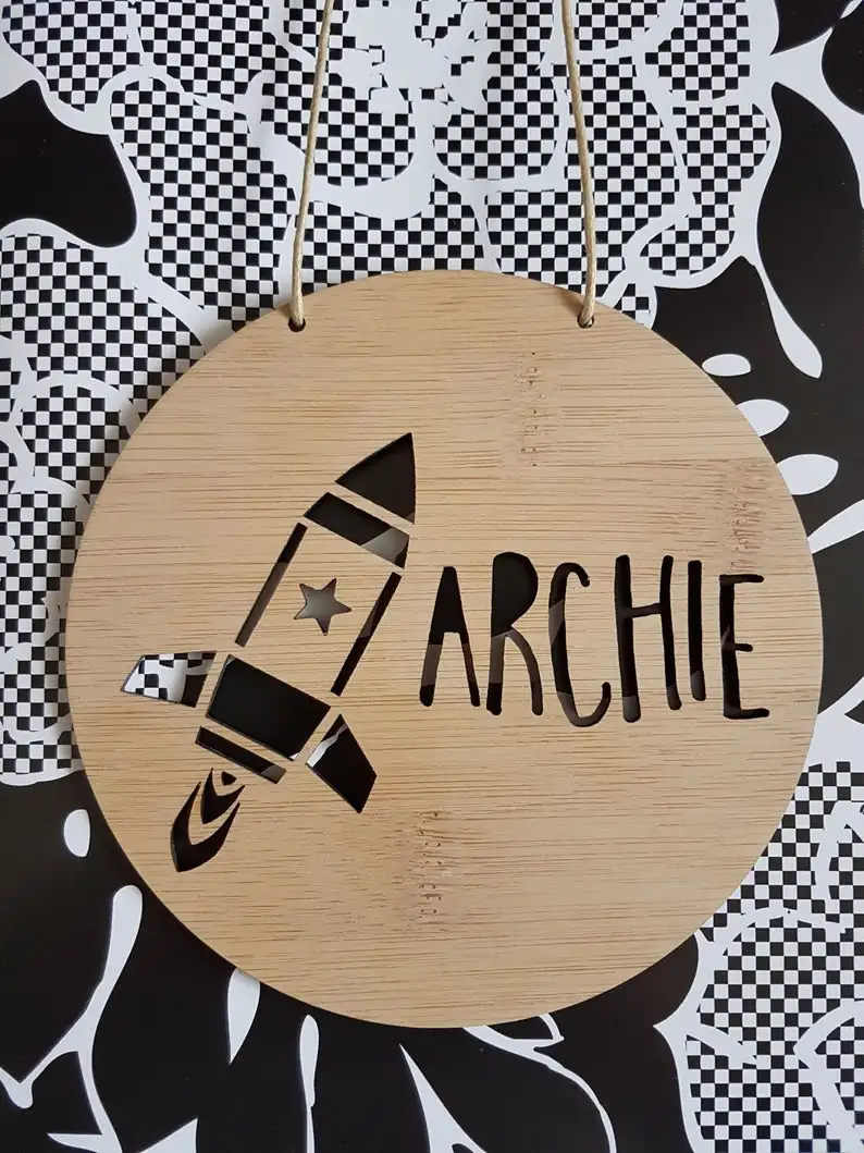 

plaque-space-spaceship-STAR ROCKET Personalised Wooden Wall / Door Hanging-kids door sign-custom name-kids gift-baby gift-laserc