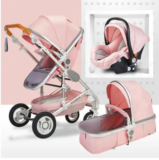 pink and gold car seat and stroller