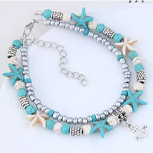 Европа и Америка Мода простота Универсальный Бирюзовый Морская звезда Лодка Якорь Кулон двухслойный ножной браслет из бисера браслет Bohem