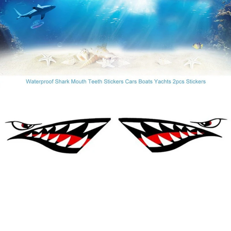 2PC Boat Shark Label Waterproof Shark Teeth Mouth Stickers Decal Canoe
