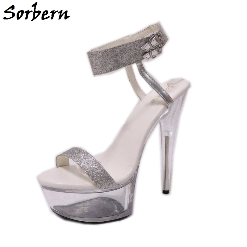 

Sorbern Glitter Women Sandals Ankle Strap Clear High Heels Platform Summer Shoes Ladies Spike Heels Open Toe Sandal Shoes