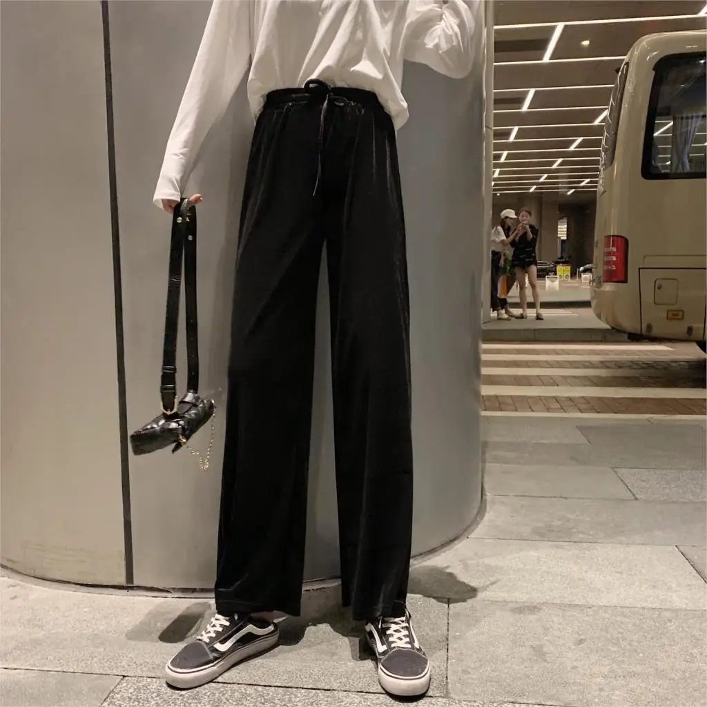 

New Velvet casual pants high waist wide leg pants female new pants autumn and winter black loose pants straight pants