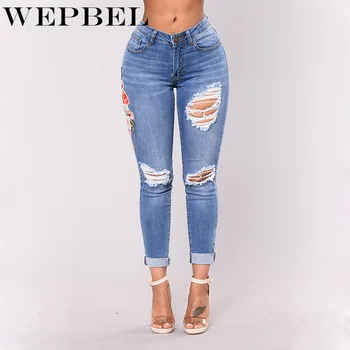 

WEPBEL Stretch Embroidered Jeans for Women Elastic Flower Jeans Female Slim Denim Pants Hole Ripped Pattern Jeans Pants