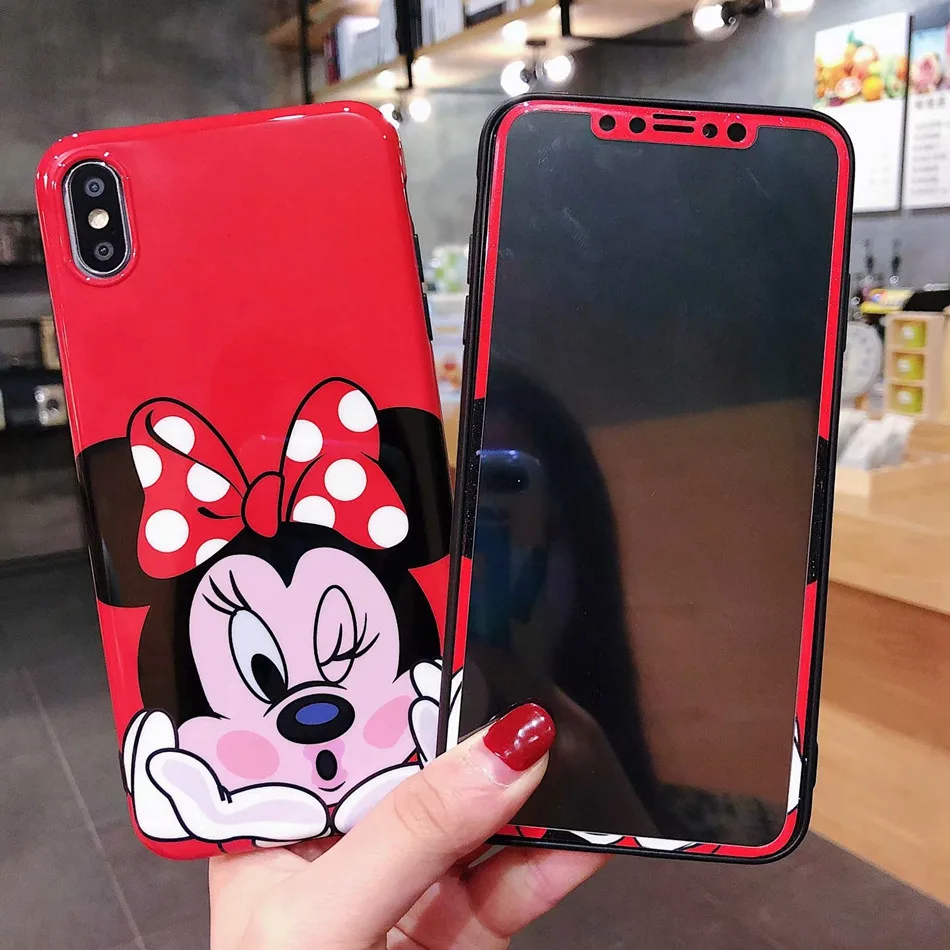 

360 Full Cover Screen Protector + Phone Case for iPhone X XS Max XR 7 8 Plus 6 6S Plus Cartoon disneys Lovely Girly Mouse Case