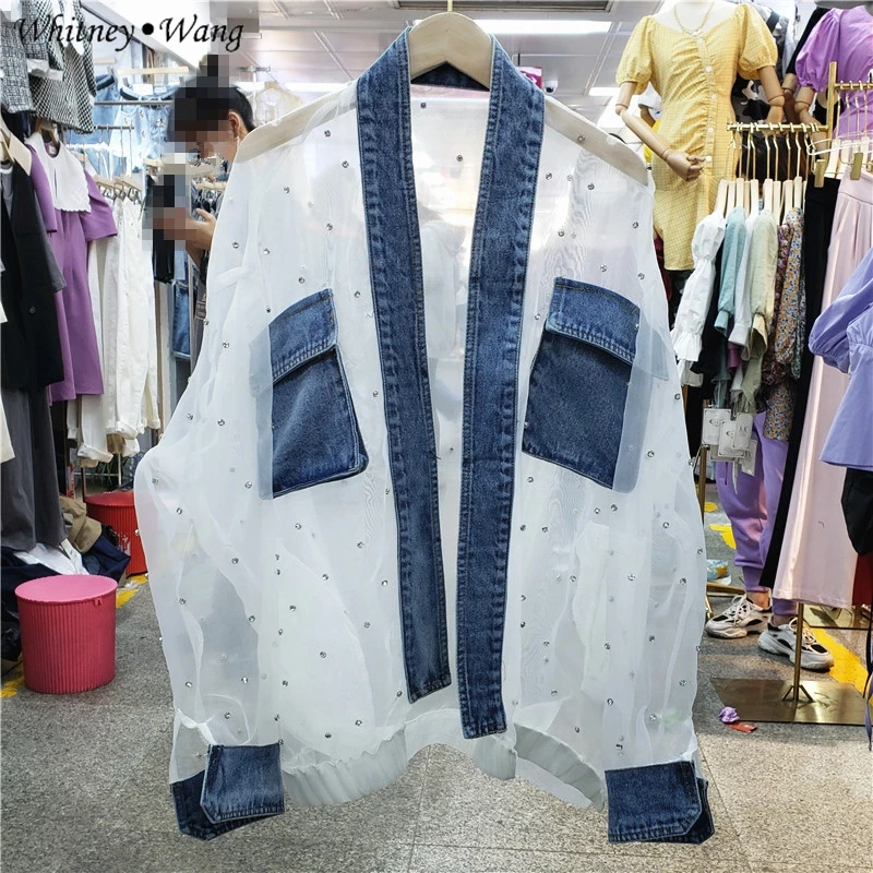 WHITNEY WANG Blouses 2020 Spring Fashion Streetwear Denim Patchwork See Through Mesh Diamonds Blouse Women Blusas Lady Shirt | Женская