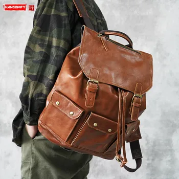 

Retro First Layer Cowhide Men Backpack Male Handmade Large Capacity Leather Backpacks Schoolbag Laptop Bag Leisure Travel Tide