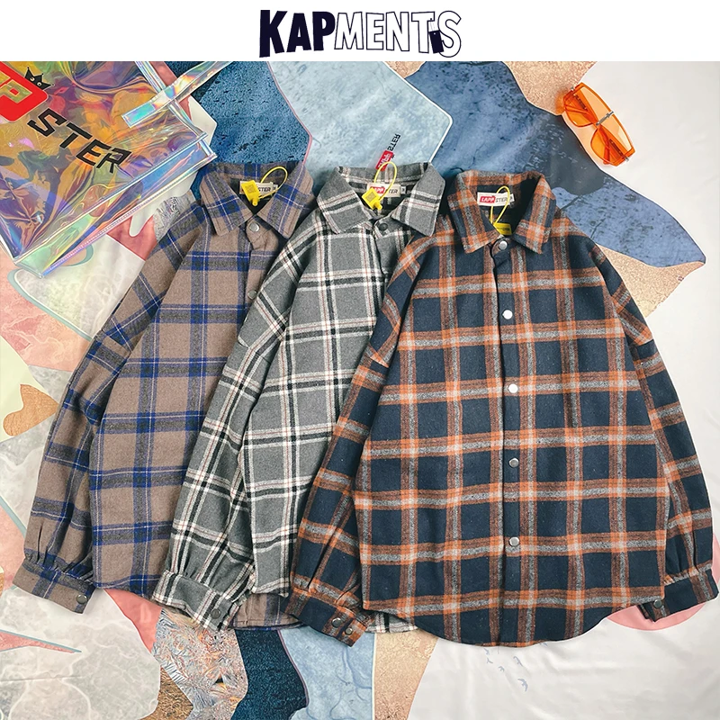 

KAPMENTS Men Long Sleeve Vintage Plaid Shirts 2023 Mens Harajuku Japanese Streetwear Shirts Male Kpop Hip Hop Shirts Plus Size