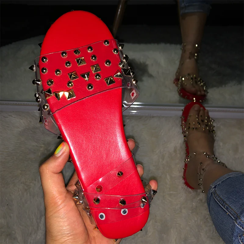 

Women Summer Ankle Strap Rivet Sandals Line Style Buckle Ladies Transparent Bling Slippers Flats Shoes Cool Girl Plus Size 2020