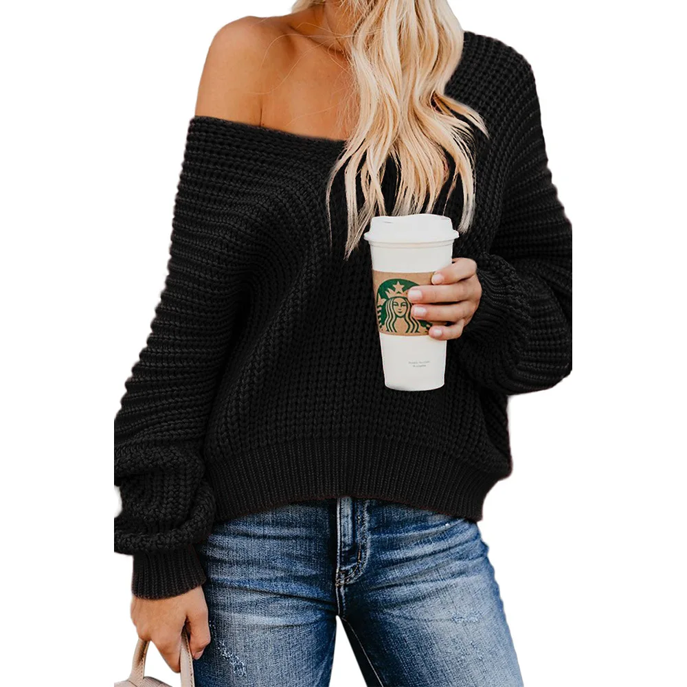 2020 Winter New Style Europe And America Hot Selling Sloping Shoulder Collar Black Carry On Knit V Neck Pullover Sweater TOP | Женская