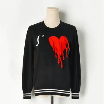 

Luxury Brand Designer Knitted Pullovers for Women Contrast Color Red Tassel Heart Loose Knitted Sweater