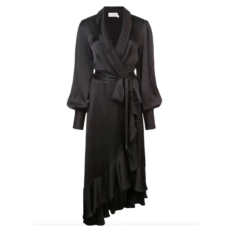 black TWOTWINSTYLE, длинные рукава-фонарики, повседневные розовые Сатиновые элегантные женские свободные платья с оборками, женская одежда, корейская мода, новинка - Цвет: black