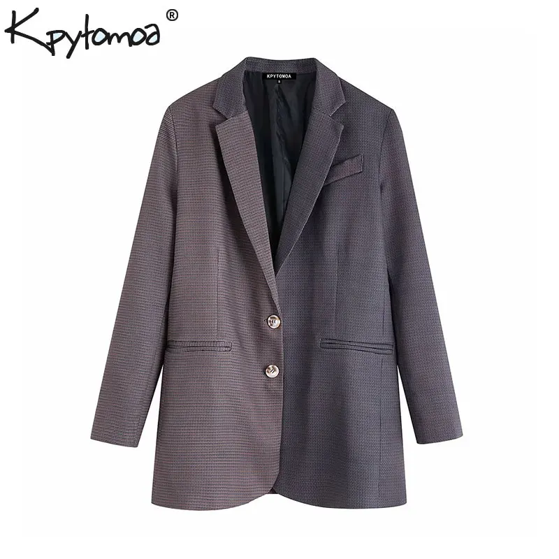 Vintage Stylish Office Wear Patchwork Plaid Long Blazer Coat Women Fashion Long Sleeve Pockets Female Outerwear Chic Tops