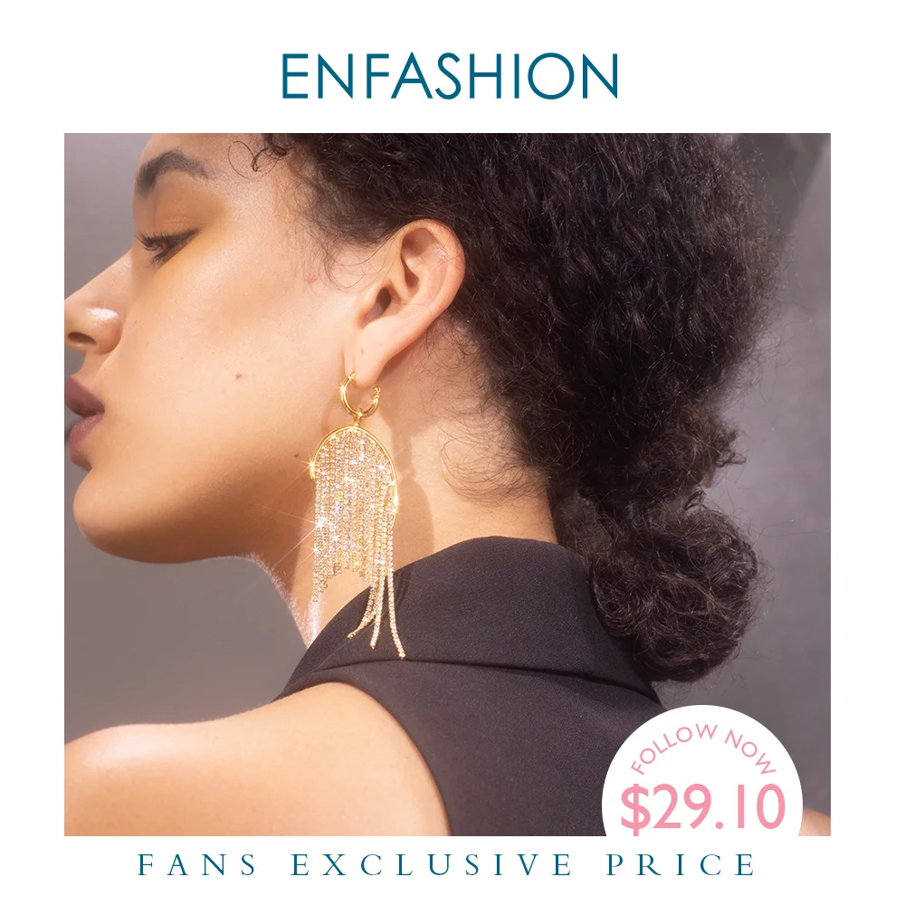 

ENFASHION Crystal Long Tassel Drop Earrings For Women Gold Color Shiny Statement Zircon Dangle Earings Fashion Jewelry E201137