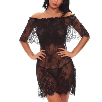 

Off Shoulder Lace Visible Mesh Lingerie Babydoll Nightgown With Thong Women Hot Sexy Sleepwear Nightdress Spaghetti Sleepdress*X