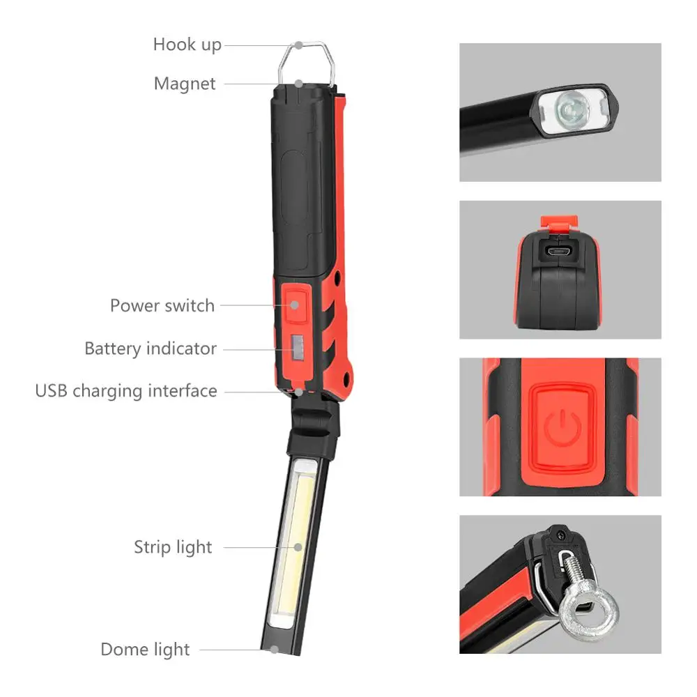 US $10.83 LED COB Work Light Torch Portable Lamp BuiltIn Battery Magnetic USB Recharge 1COB Light Strip Flashlight For Camping Hunting