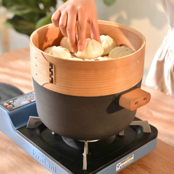 

24cm Cast Irom Skillet Stewpan Wooden Handle with Bamboo Steamer Multipurpose Pot Pure Pig Iron Food Steamer Pot Stockpot Boiler