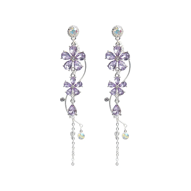 Новые корейские фиолетовые Кристальные цветы длинные висячие серьги с кисточкой женские Геометрические Элегантные Ювелирные изделия Подарки