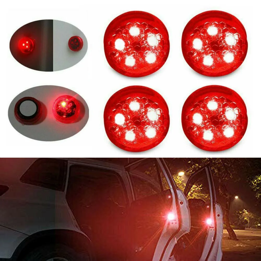 

4pcs/set Car 5-LED Warning Lamp 12V Door Open Strobe Flash Anti-Collision Safety Red LED Warning Light With Battery