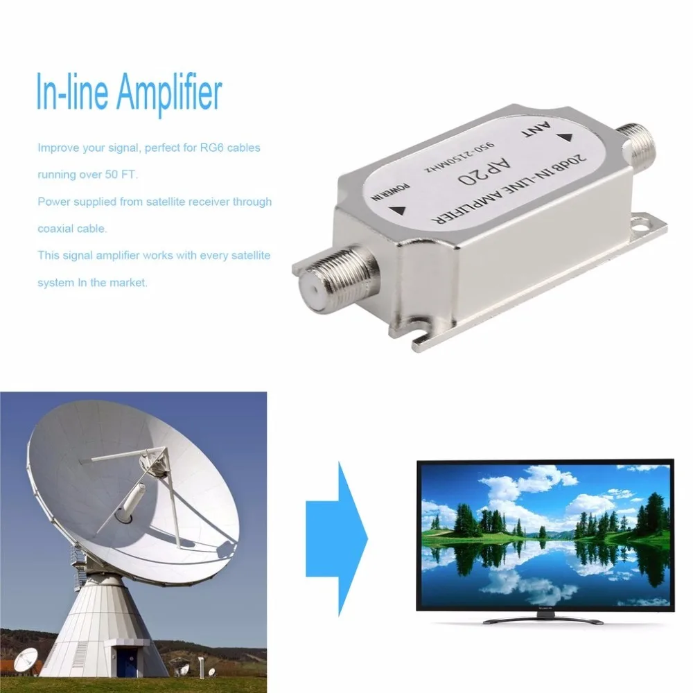 New Satellite 20dB In-line Amplifier Booster 950-2150MHZ Signal Booster For Dish Network Antenna Cable Run Channel Strength New Satellite 20dB In-line Amplifier Booster 950-2150MHZ Signal Booster For Dish Network Antenna Cable Run Channel Strength
