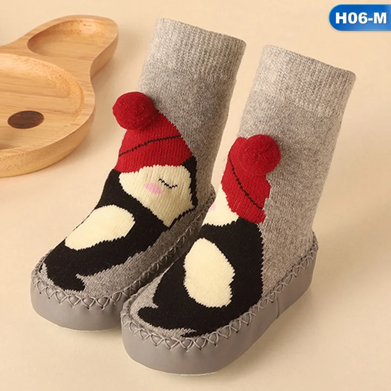 Носки для новорожденных; зимние толстые хлопковые носки для маленьких девочек; домашние носки для малышей; обувь с резиновой подошвой; забавные носки с животными для младенцев