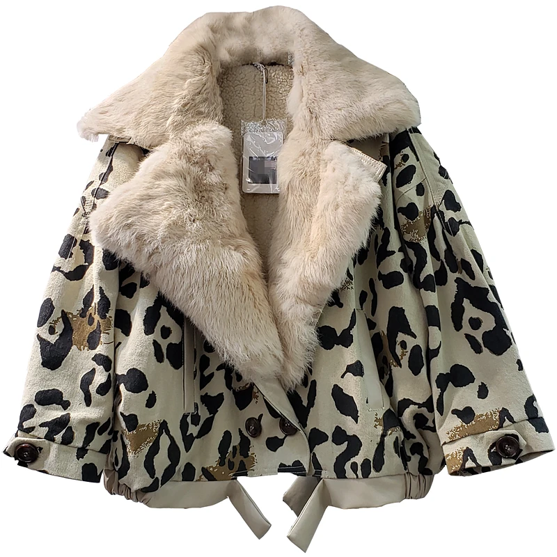 Женская куртка с воротником из натурального кроличьего меха, леопардовая расцветка, зимняя парка, пальто, новинка, большой отворот, утолщенное джинсовое пальто, женская зимняя куртка, Mujer