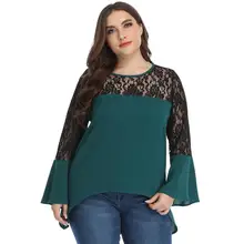

Plus Size 4Xl Tees New Arrival Autumn Women Loose Lace Hollow Out Long Sleeve T Shirt Lace Patchwork Sexy Pullover Elegant Tops
